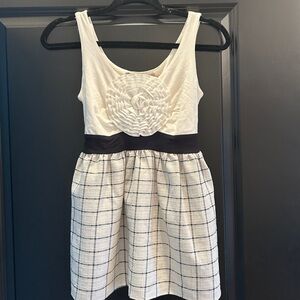 White and Black Plaid Dress with Floral Detail